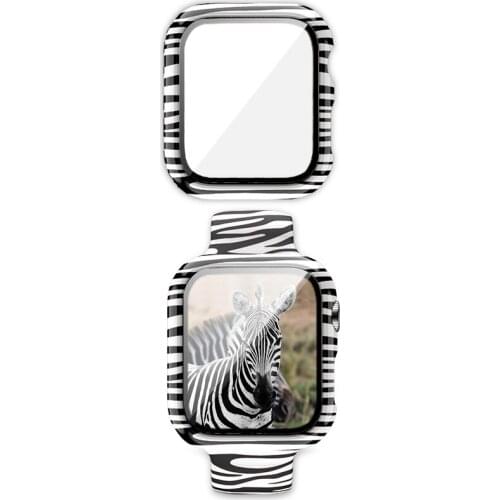 40mm Zebra pattern Silicone Strap for Apple WatchBand 44mm 38mm 42mm Spots Flower Band Series 6 5 4 3 2 1 PC+Tempered Glass Case