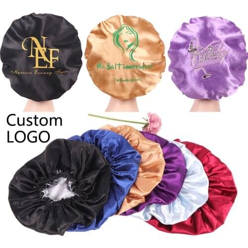 Custom Logo Stain Bonnet Silk Hair Bonnet With Adjustable Strap 32Cm Big Size Sleeping Cap Hair Bonnets Head Hair Covers Hat