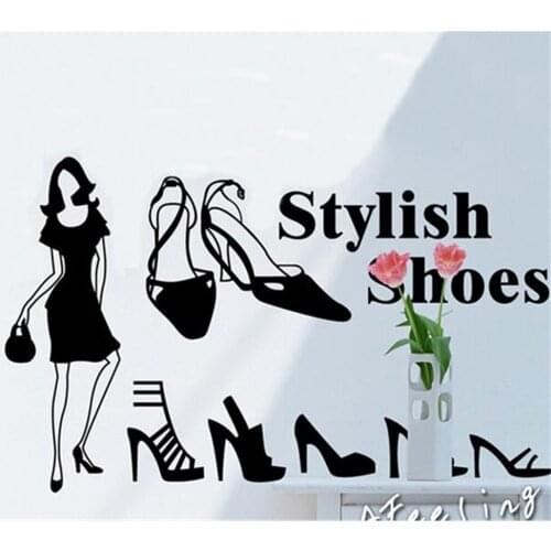 Stylish shoes store showcase decoration glass window sticker wall stickers the mall shopping girl sticker
