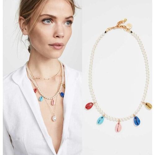 Trend Faux Pearl Beaded Choker Necklace Women Colorful Natural Seashell Pendants Necklace Femme Indian Ethnic Necklace For Woman