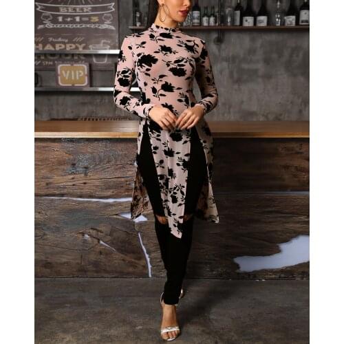 2021 Summer Women Fashion Mesh Print Long Tops High Collar High Split Casual Shirts Long Sleeve Womens Shirts Roupas Feminina