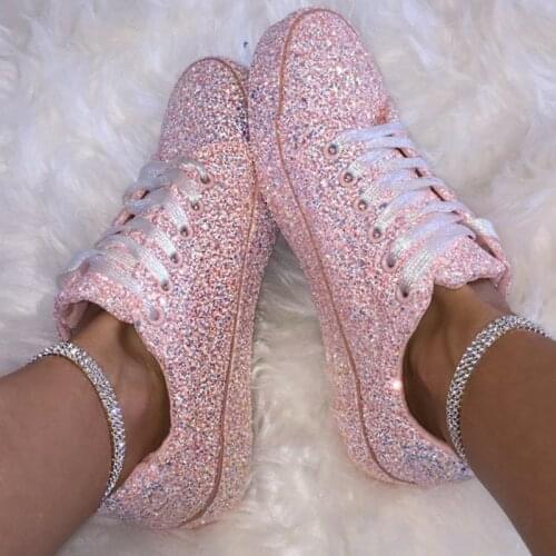 2020 Women Lace Up Sneakers Glitter Autumn Flat Vulcanized Ladies Bling Casual Female Fashion Platform Fashion Flat Shoes