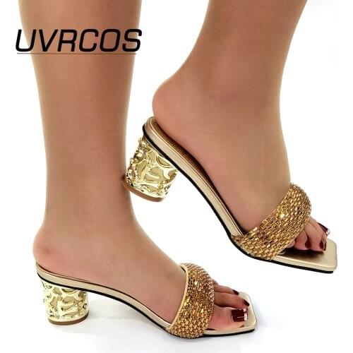 African Pumps Shoe Summer High Heels Punmps for Party Nigerian Women Wedding Shoes Decorated with Rhinestone Glod Color Shoes