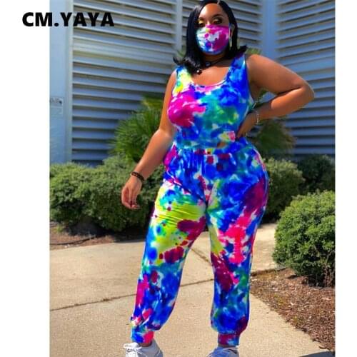 CM.YAYA Women Plus Size Jumpsuit Tie Dye Sleeveless O-neck Elastic Waist Loose Pencil Jumpsuits One Piece Overalls Summer Outfit