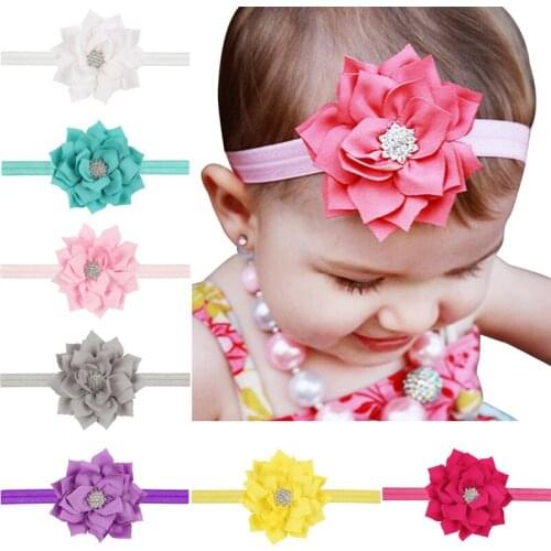 12pcs/lot Girls Elastic Headband Fabric Flower Rhinestone Head band Hair Band Kids Hair Accessories H25