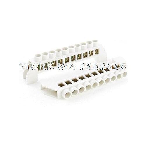 2 Pcs 10 Holes Ground Wire Row Copper Tone Terminal Block White