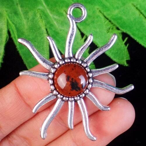48x44x6mm Mahogany Obsidian Round Wrap Tibetan Silver Sun Flower Pendant Bead