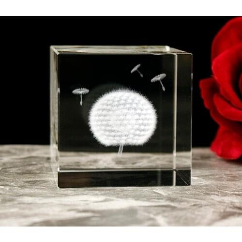 6cm 3D Laser Engraved Glass Cube Paperweight K9 Crystal Dandelion Figurines for Wedding Party Gifts Home Decoration