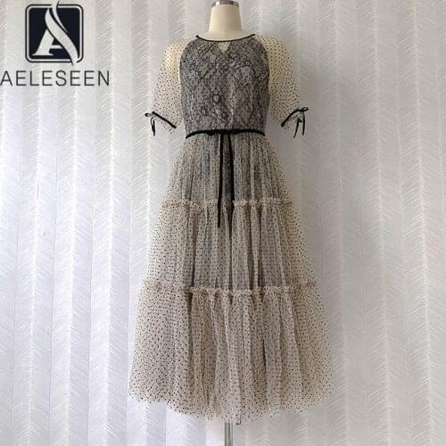 AELESEEN Runway Fashion Summer Dress For Women 2021 Deisgner Dots Print Bow Lace Print Long Ball Gown Elegant Party Dresses