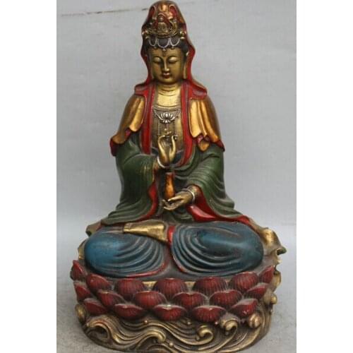 Bi001597 19" China Bronze Gild Painting Seat lotus Kwan-yin Guan Yin Boddhisattva Statue