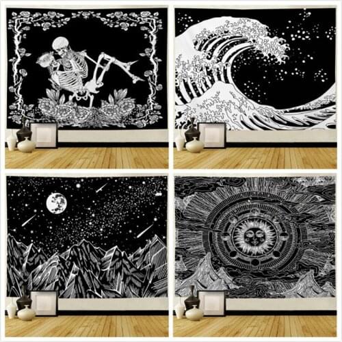Black and white personality line Yamagata simple moon starry decoration cloth dark black and white skull tapestry
