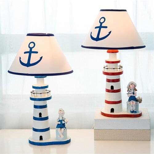 Mediterranean Style Wooden Lighthouse Table Lamps Childrens Room Living Room Bedroom Bedside Lamp Decor Dimmable Table Lights