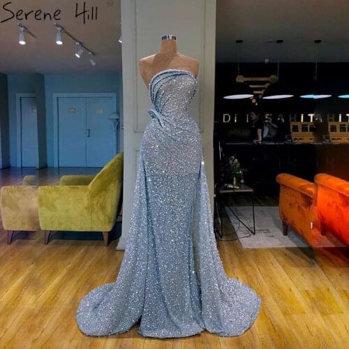 Blue Off Shoulder Sexy Mermaid Evening Dresses 2021 Dubai Strapless Sparkle Sequins Evening Gowns Serene Hill LA70403