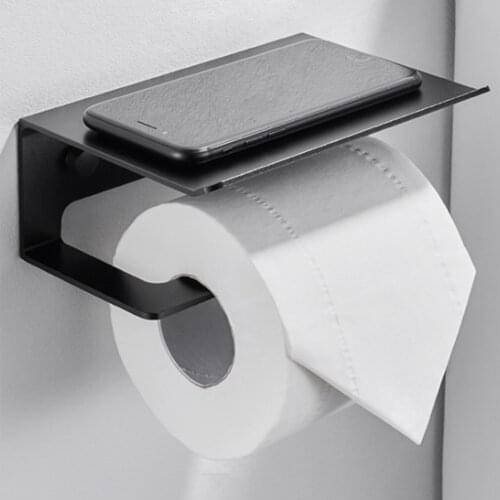HOT Toilet Paper Holder With Shelf Wall Mounted Mobile Phone Paper Towel Holder Decorative Bathroom Roll Paper Holder Black