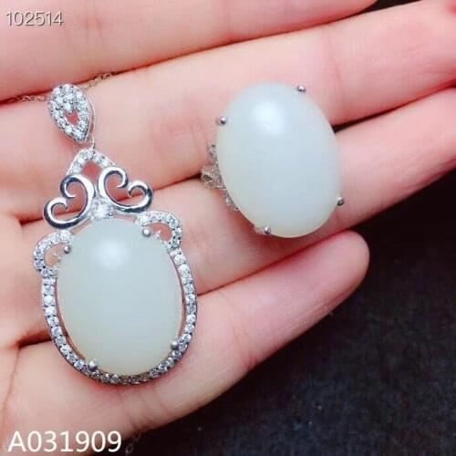 KJJEAXCMY boutique jewelry 925 sterling silver inlaid Natural White jade pendant ring ladies suit support detection gemstone