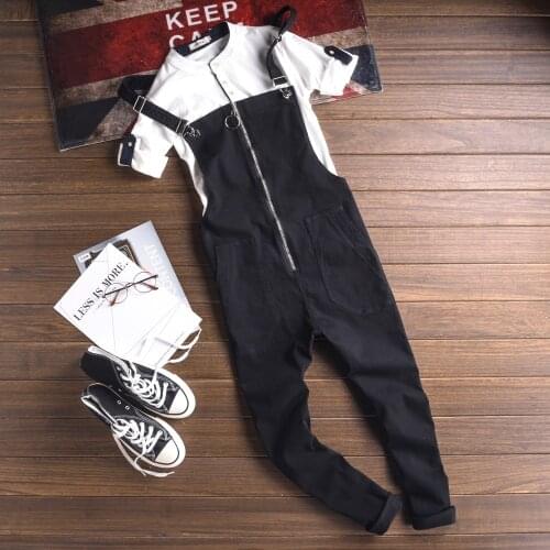 Mens Summer Overalls Pants Fashion Casual Design Man Cotton Black Cargo Pants Rompers Male Front Zipper Bib Ankle Pants Black