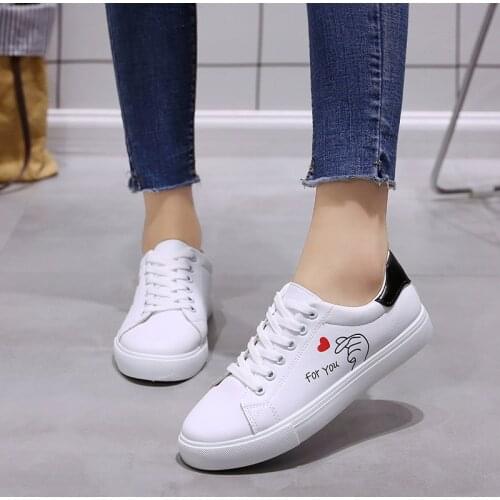 Women Flats Shoes 2021 Autumn Lace Up Print Shallow Female Sneakers Casual Ladies Vulcanized Shoe Skateboard White Single Shoes