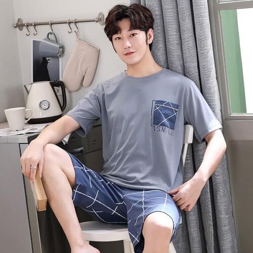 Summer 100% Cotton Pajamas for Men Fashion Letter Print Sleepwear Casual Thin Pajamas With Plaid Shorts Breathable Pajama Sets