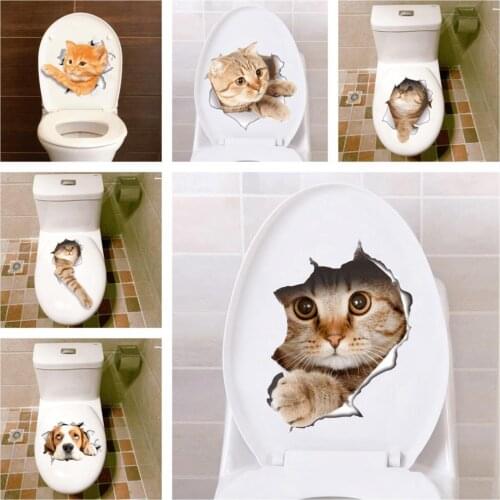 Lovely Cats Dogs Toilet Stickers Home Decoration Diy Funny Cartoon Animals WC Mural Art Vivid 3D Kitten Puppy PVC Wall Decals