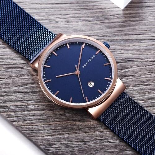 MINI FOCUS Mens Simple Classic Business Quartz Watches Waterproof Mesh Strap Wristwatch Man Relogios Clock MF0184G Blue rose