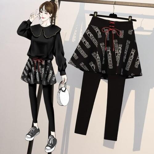 2021 Womens Fake Two-Piece Skort-Letter Printed Dress Fall/Winter Underwear Stretch Female Trousers Stacked High Rise Leadership