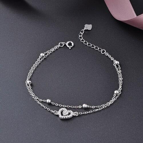 Fashion Women Bracelet Pure S925 Sterling Silver Love Heart Micro-encrusted Beads Fashion Girls Double Bracelet For Dress Up