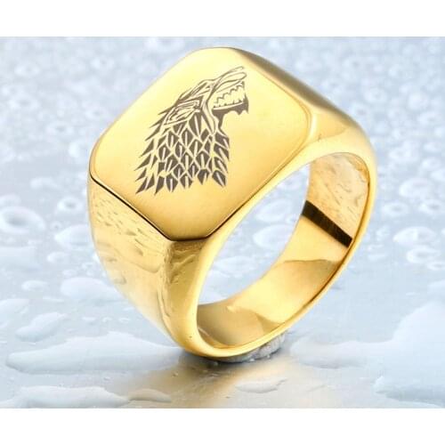 Top brushed ring Stainless Steel Amulet Jewelry House Starks Winterfell wolf Signet Men Ring