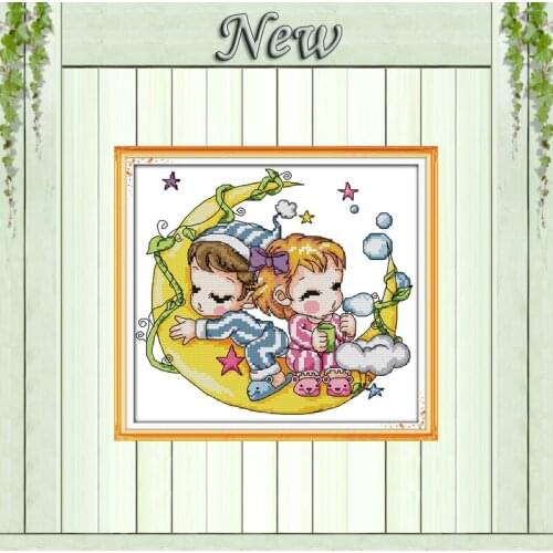 The morning on the moon boy girl 11CT counted printed on canvas DMC 14CT Cross Stitch kits needlework full embroidery Sets Decor