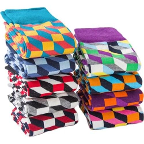 Happy Street Fashion Personality Men Women Medium high Socks Grid Hiphop Colourful Harajuku Art Cotton Socks