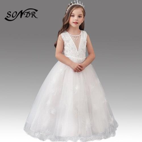 Embroidery Beading Flower Girl Dress HT218 O-Neck Sleeveless Little Girls Communion Gowns Tassel Crystal Pageant Dresses 2020