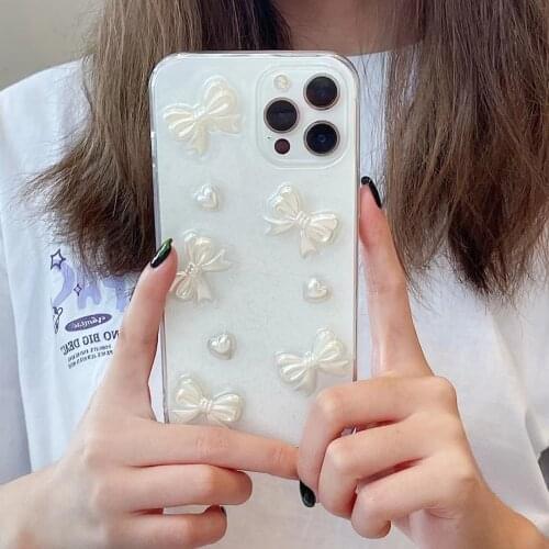 Luxury Glitter Pearl Bowknot Phone Case for iPhone 11 12 Pro Max Xs Max Xr 7 8plus Transparent Love Heart Tpu Back Cover