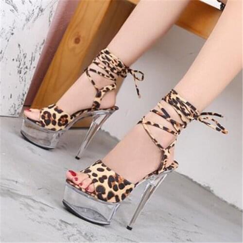 Women Sandals Fashion 15CM Thin High Heels Sandals Shoes Flock leopard print Open Toed waterproof platform party heels for women