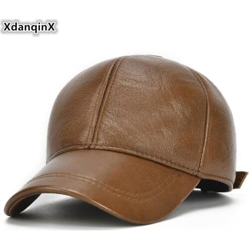 XdanqinX Genuine Leather Hat 2020 New Mens Cowhide Baseball Cap Middle-aged Men Warm Earmuffs Hats Adjustable Size Leather Caps