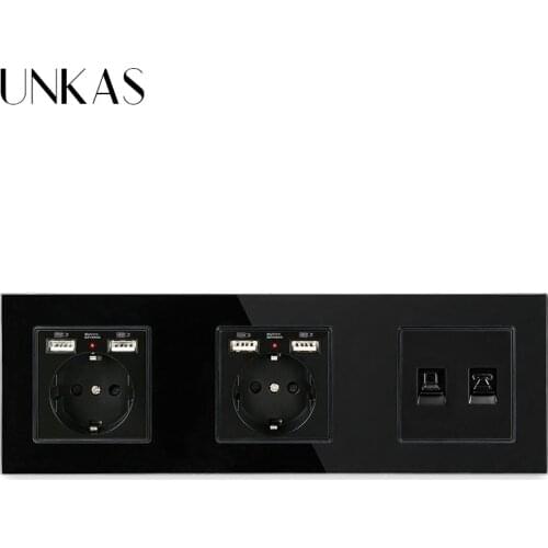 UNKAS Glass Panel Double EU Standard Socket + 4 USB Charging Port Female RJ11 Telephone With Internet Computer Data RJ45 CAT5E