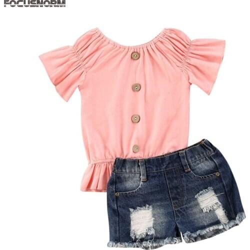 FOCUSNORM Infant Baby Girls Clothes Sets 1-7Y Ruffles Short Sleeve Solid T Shirts Tops Denim Shorts 2pcs