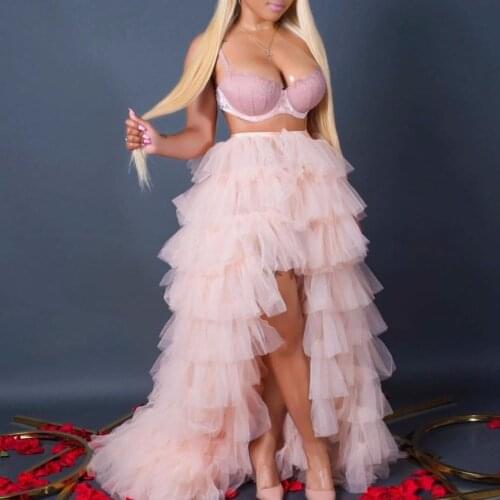 Chic 2018 Pink High Low Ruffles Long Tulle Skirts For Women To Party Floor Length Tiered Fashion Tulle Skirt Zipper Maxi Skirt