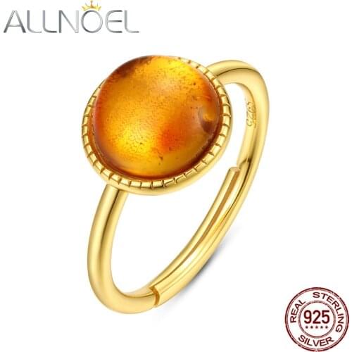 ALLNOEL Solid 925 Sterling Silver Rings For Women Newly Fashion Elegant Natural Amber Adjustable Fine Jewelry Christmas Gift New
