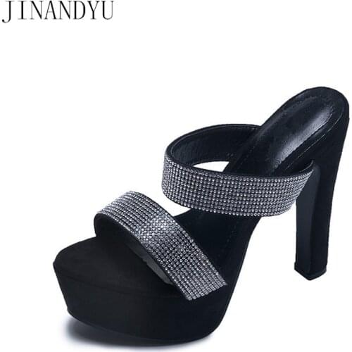 Woman Slippers High Heels Summer Shoes Platform Sandals Bling Crystal Shoes for Women Chunky Heels Black Sandals Woman High Heel