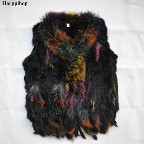2018 New Winter fur vest women natural rabbit fur vests with colorful raccoon fur collar brand lady fashion knitted fur gilet