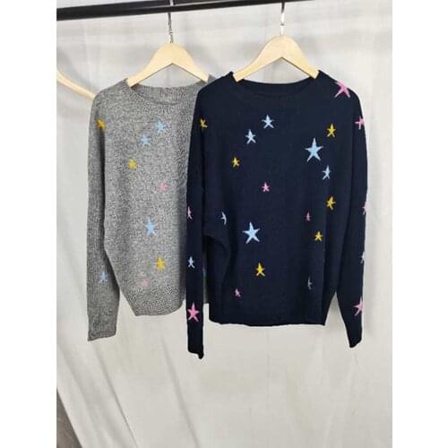 Women Sweaters 2020 Autumn and Winter New Style Round Neck Solid Color Long Sleeve Star Pattern Pure Cashmere Sweater