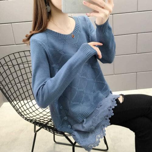 2021 Autumn New Plus size Womens Lace stitching Sweater Female Loose O neck Long-sleeve Sweaters Casual Tops Women Pullovers