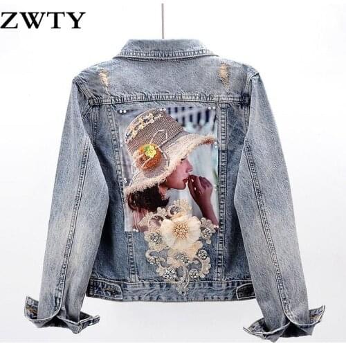 ZWTY Denim Jacket Women Fashion Heavy Embroidery Beaded Sequined Embroidered Flower Washing Water Jeans Denim Jackets