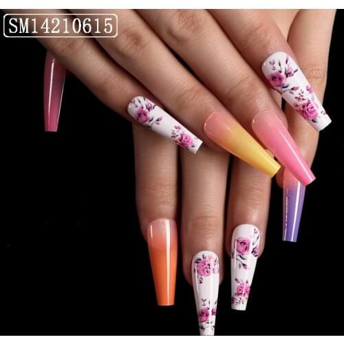 24pcs Floral Printed Nail Patch Colorful Glue Type Removable Long Paragraph Fashion Manicure False Nail Patch Nail Sticker