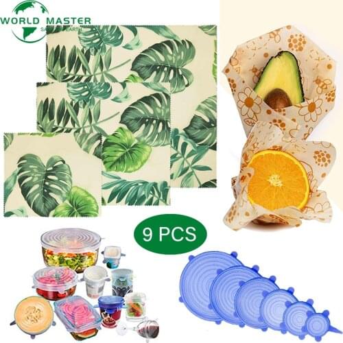 9Pcs/Set Beeswax Food Wraps 100% Organic Cotton Fresh Cloth Silicone Reusable Food Wrap Bowl Pot Cover Silicone Stretch Lids