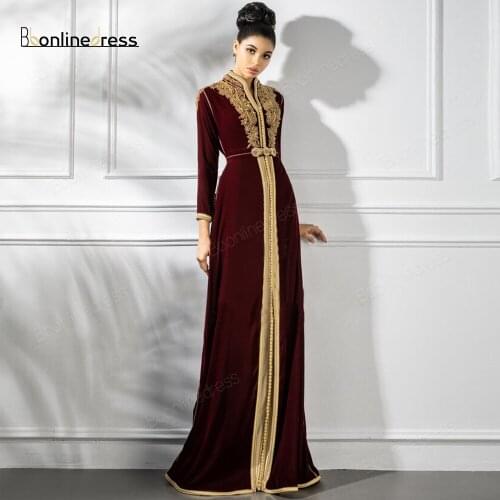Bbonlinedress Moroccan Kaftan Evening Dresses Embroidery Beaded Long Evening Dress Full Sleeve Arabic Muslim Party-Dress