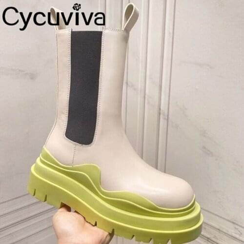 Designer Genuine Leather Thick Sole Chelsea Boots Women Chunky Heel Platform Shoes For Women Pink Sole Motorcycle Ankle Boots