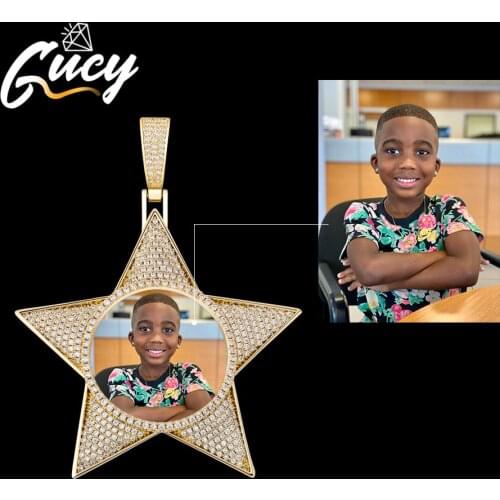 GUCY Custom Photo Pentagram Medal Pendant Ice Zircon Necklace & Pendant Tennis Chain Cubic Zircon Mens Hip hop Jewelry