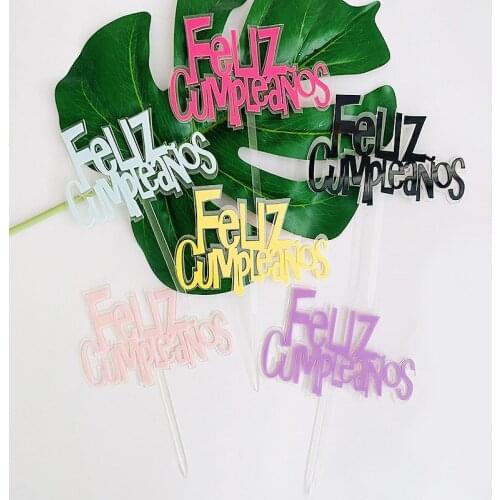 Ins Spanish Language Happy Birthday Cake Topper Pink Gold Acrylic Birthday Party Cake Topper for Boy and Girl Dessert Decoration