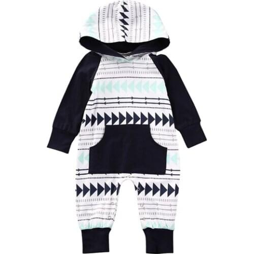 2017 Fashion Casual Newborn Toddler Baby Boy Girls Cotton Long Sleeve Hooded Covered Button Geometric Romper Outfit Autumn 0-24M