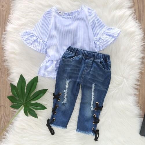 Toddler Kids Baby Girls Outfits Off Shoulder Striped Flare Sleeve Blouse Tops +Jeans Pants Hole Tape Clothes Set 2pcs Sets Suit